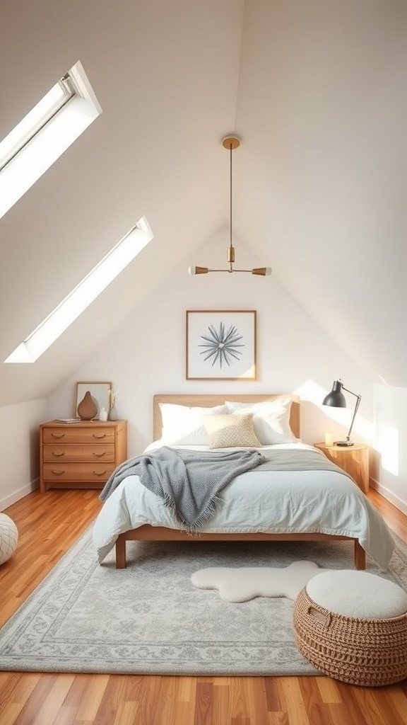 A stylish loft bedroom with a sloped ceiling, wooden floor, and natural light from skylights.