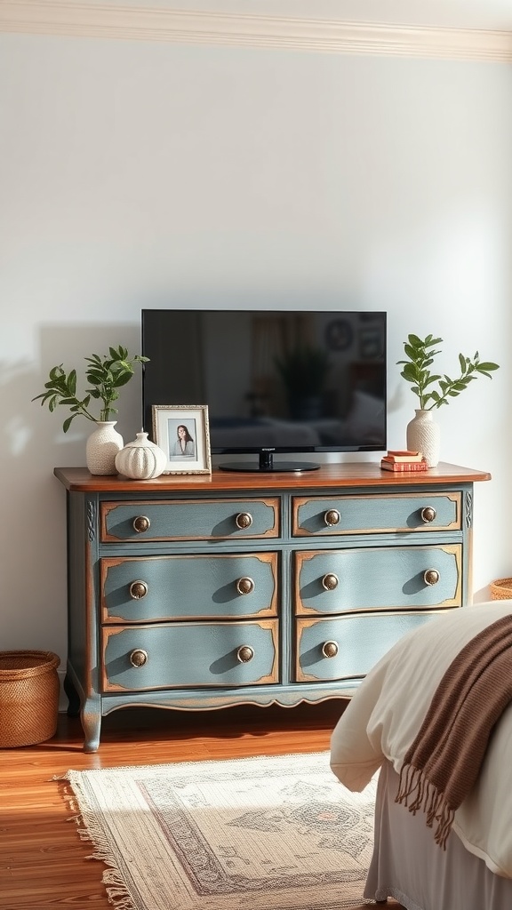An upcycled dresser repurposed as a TV stand, featuring a blue finish and wooden top, adorned with plants and a photo frame.