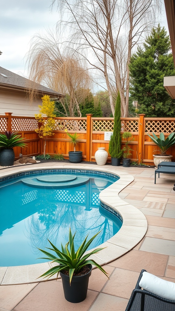 A small backyard pool with wooden fencing and potted plants, featuring a relaxing outdoor space.