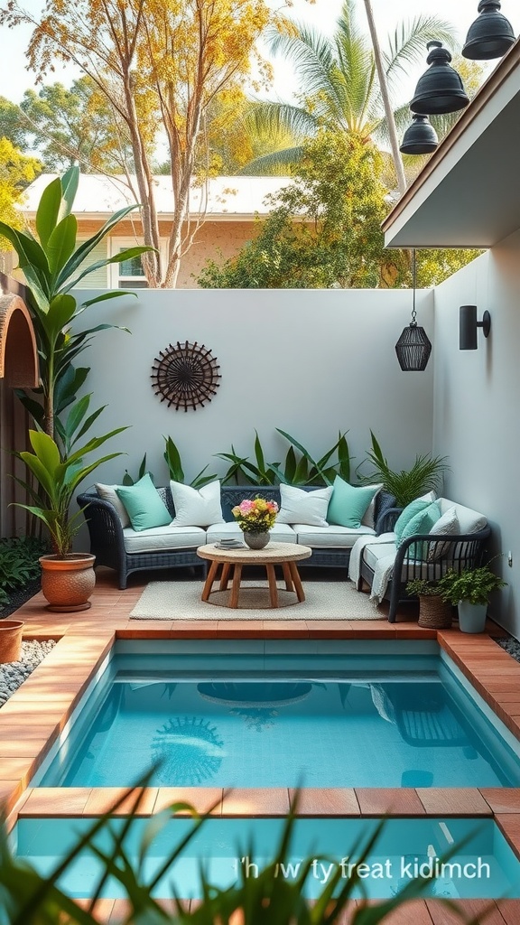 A small backyard pool area surrounded by plants and comfortable seating.