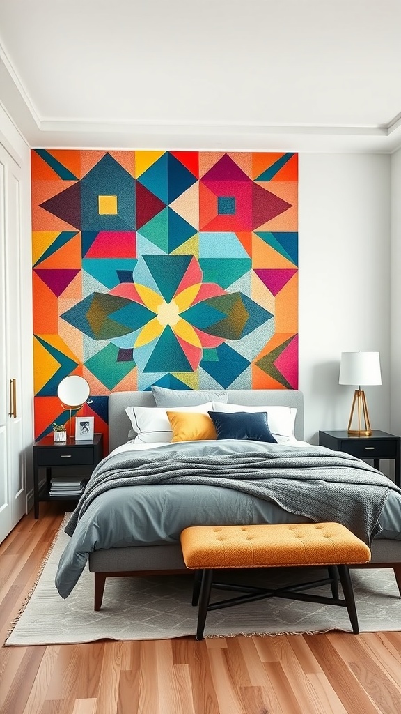 A brightly painted geometric mural on the wall behind a modern bed in a stylish bedroom.