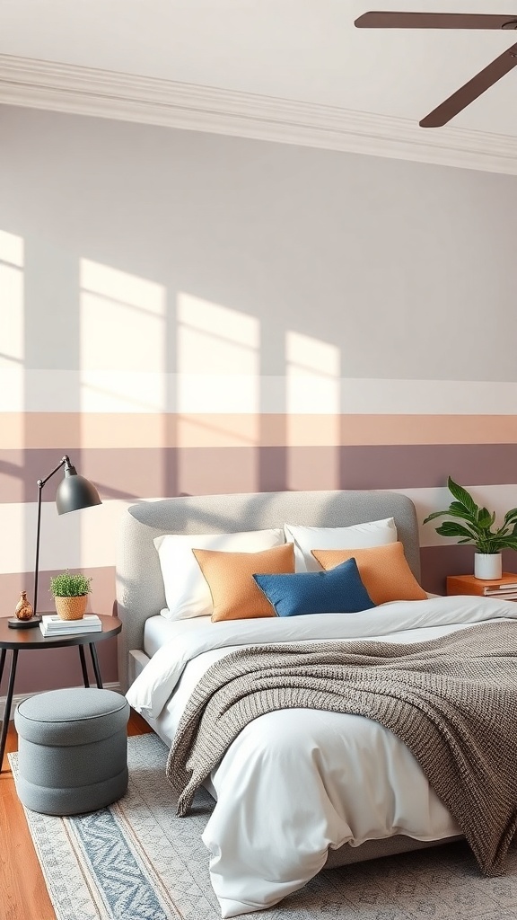 A cozy bedroom with striped walls in soft colors, featuring a bed, pillows, and a plant.