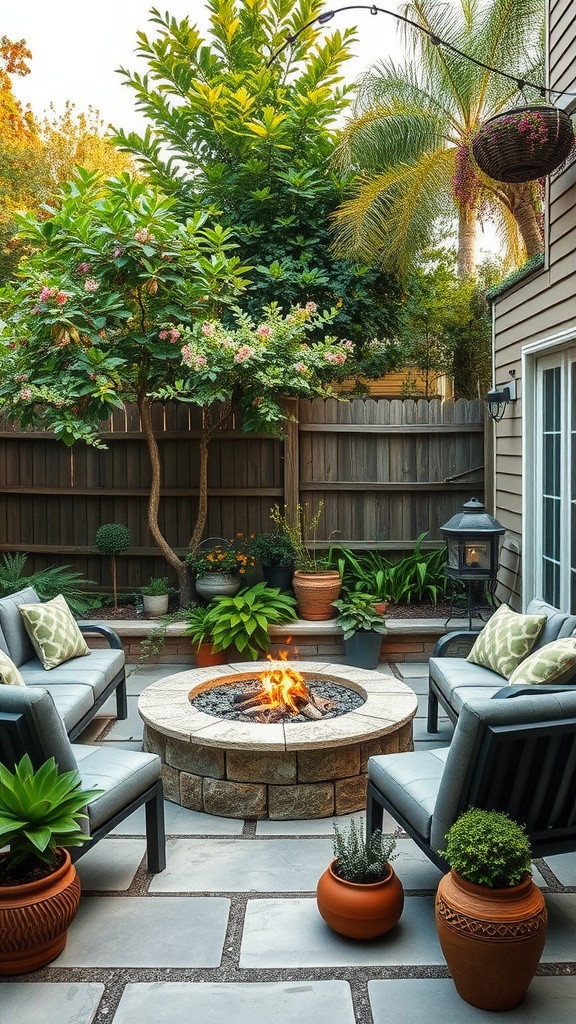 A cozy backyard setting with a stone fire pit surrounded by comfortable seating and lush plants.