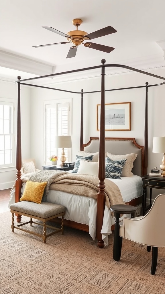 A cozy transitional bedroom featuring a four-poster bed, neutral color scheme, and modern accents.