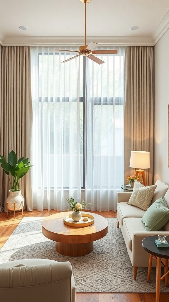 A cozy living room with neutral curtains, a wooden coffee table, and a plant, showcasing transitional style.