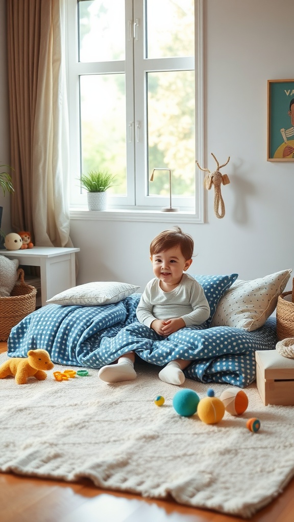 Toddler sitting on a cozy floor bed surrounded by toys and blankets.