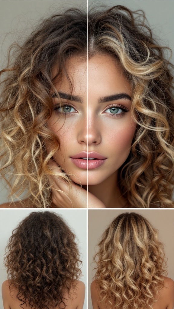 Before and after images of curly hair transformation with blonde highlights