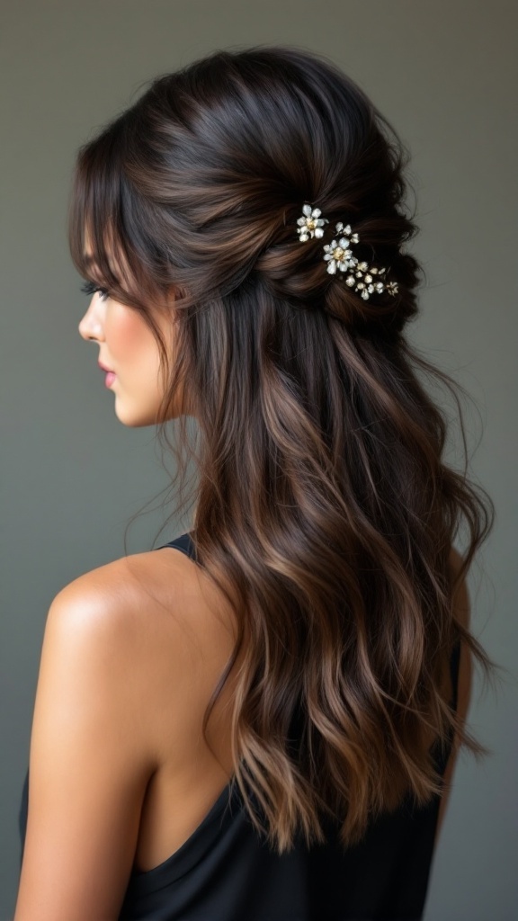 A woman with half up half down hairstyle featuring soft waves and delicate hair accessories.