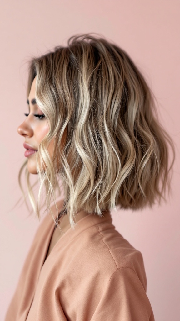 A woman with a messy bob hairstyle, showing loose waves and a relaxed look.