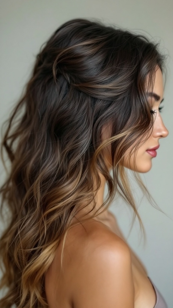 A woman with medium butterfly cut hair, showcasing layers and waves.