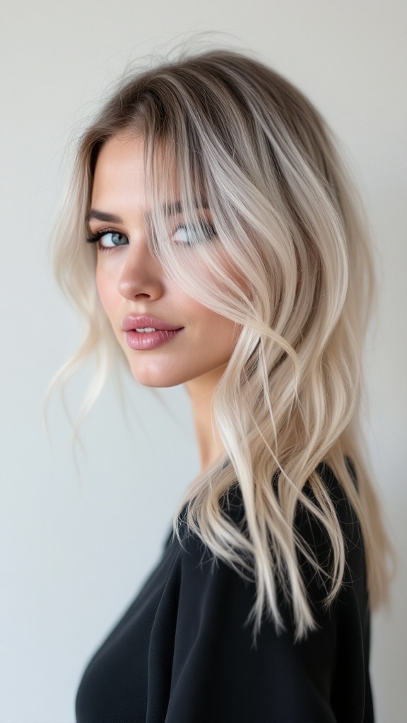 A woman with platinum blonde balayage hair styled in soft waves, showcasing a modern, fresh look.