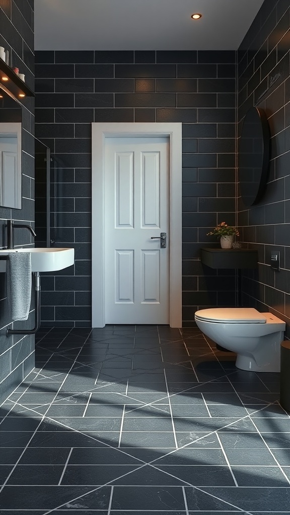 Black tile bathroom floor with modern fixtures and a sleek design