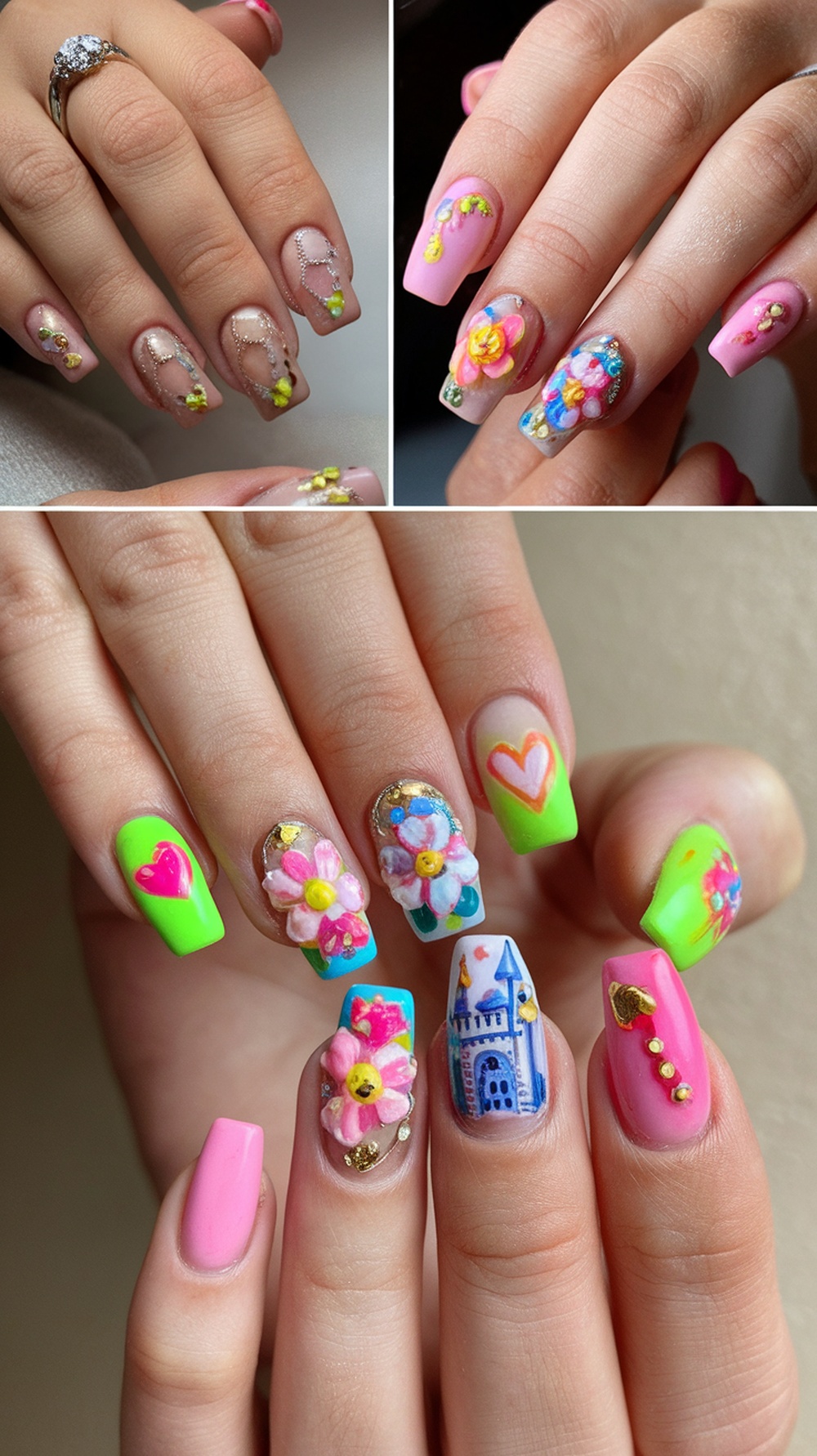 Colorful rounded nails with floral designs and embellishments