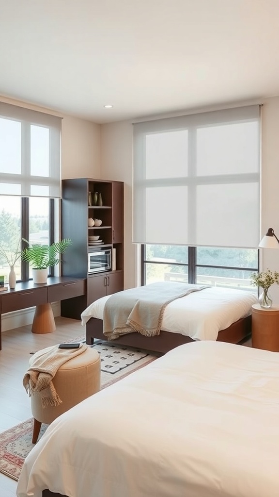 A modern kitchen with translucent roller shades covering large windows, allowing soft light to filter in.