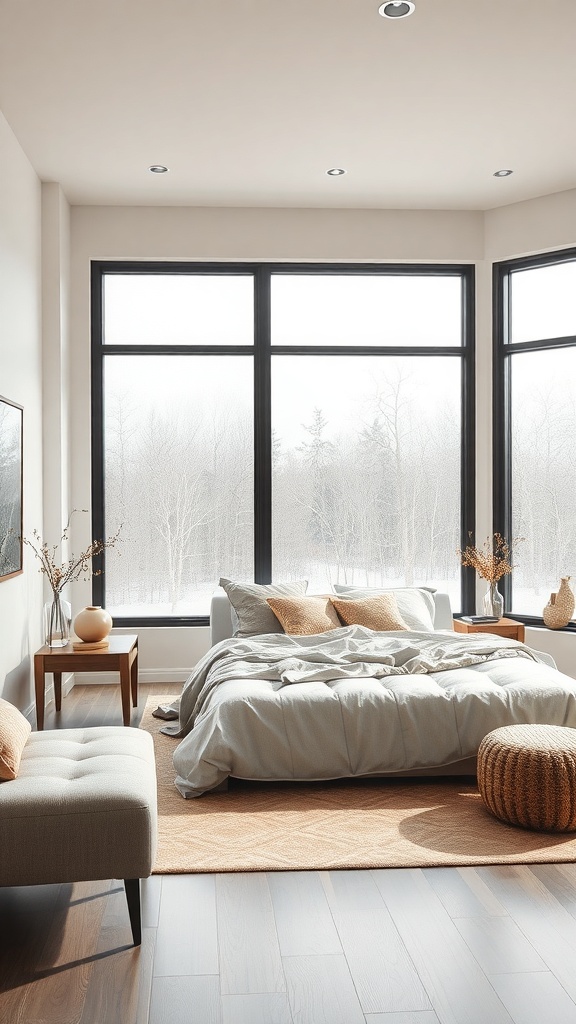A bright living room with large windows showcasing translucent window films.