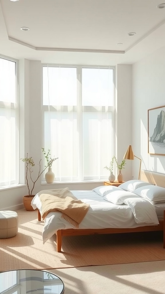A bright bedroom with translucent window panels allowing soft light to filter in.