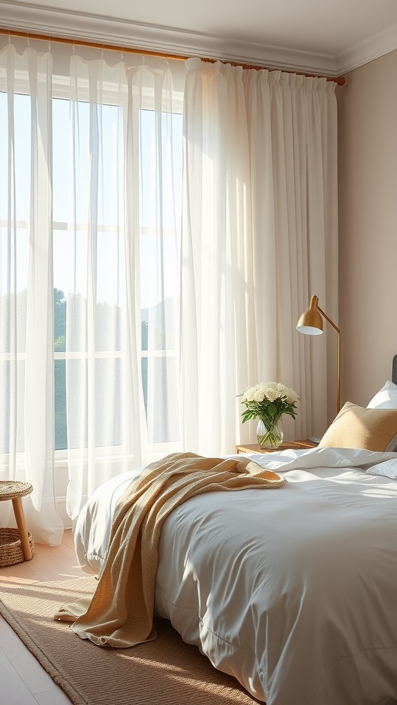 A bright bedroom with translucent window curtains, a light bedspread, and a small plant on the bedside table.