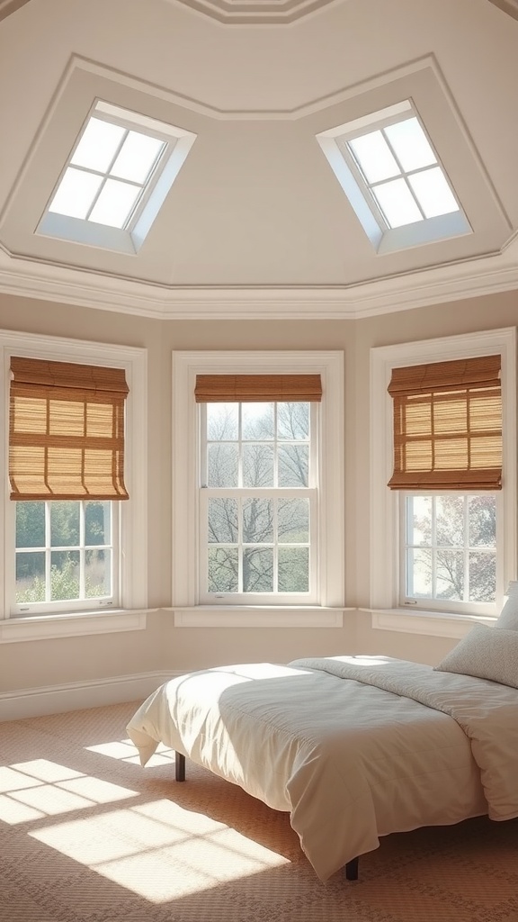 A bright and spacious bedroom with transom windows allowing natural light to fill the room.