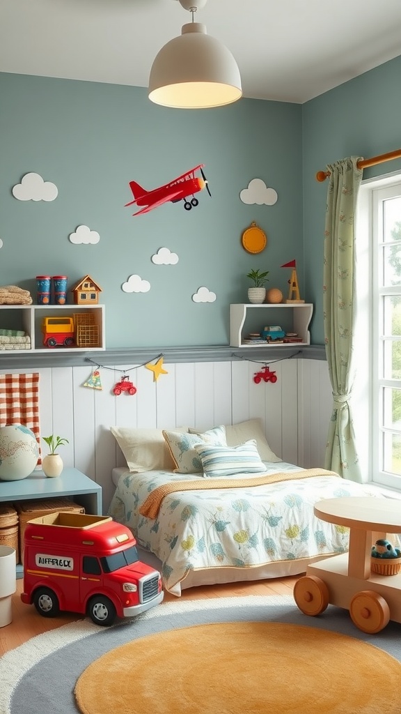 A toddler boy's bedroom styled with transportation theme including an airplane on the wall and a toy truck.