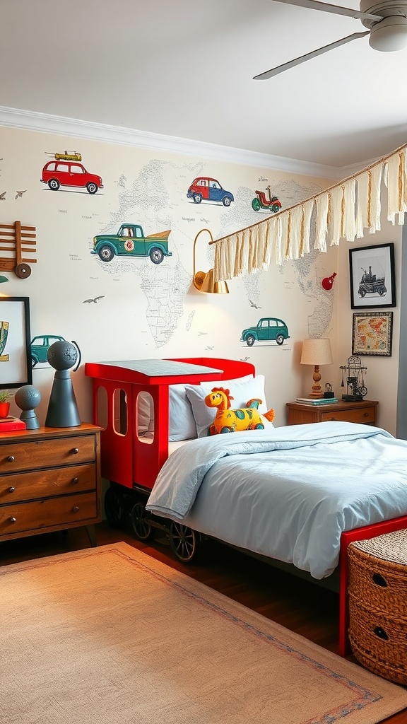 A boy's bedroom designed as a transportation hub with a train-themed bed and colorful car wall decor.