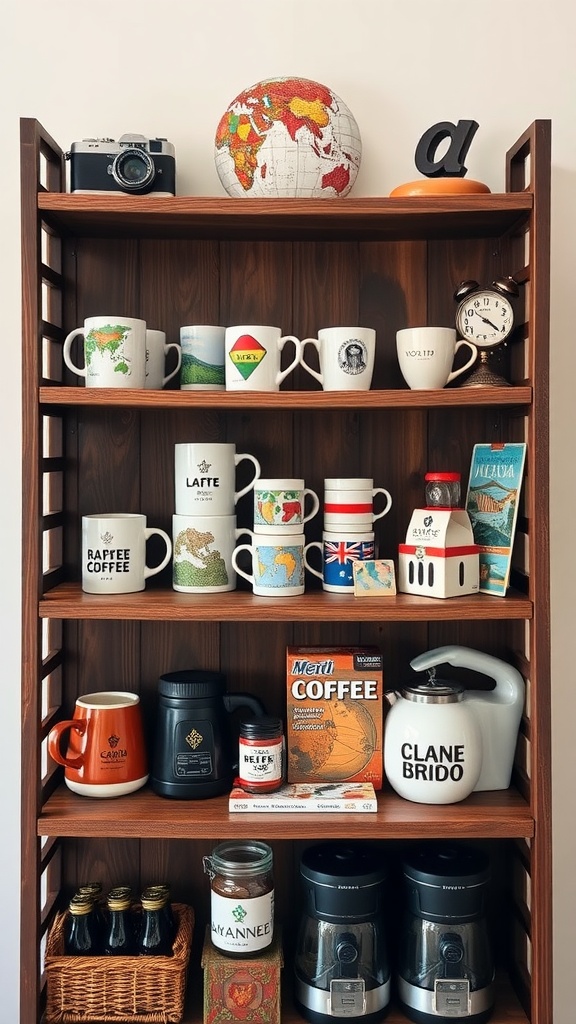 A wooden coffee shelf displaying travel-themed mugs, a globe, and coffee accessories.