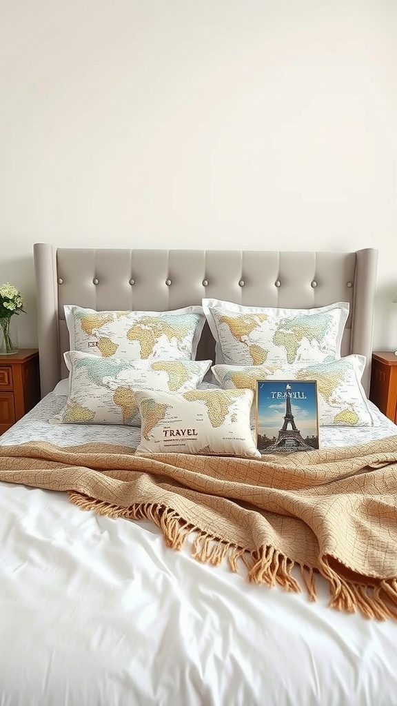 A travel-themed bedroom with a bed featuring world map pillows, a travel quote pillow, and a book about travel.