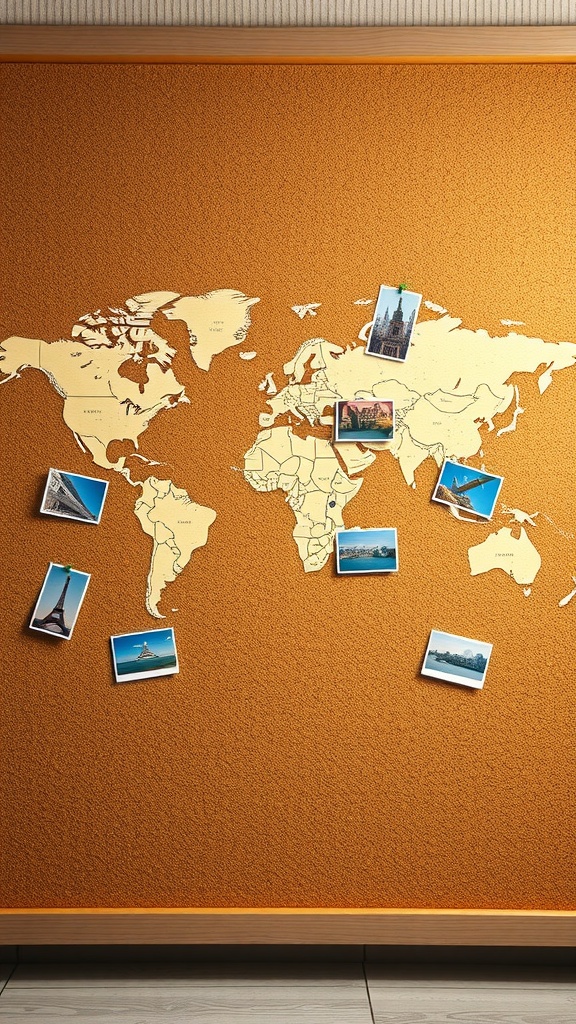 A corkboard with a world map and travel photos pinned on it.