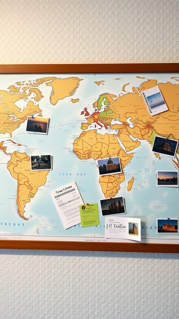A travel inspiration board featuring a world map with postcards and travel materials pinned on it.