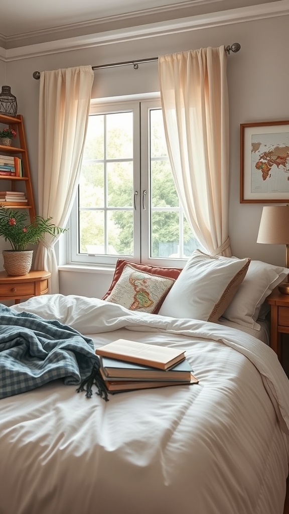 Cozy bedroom with a stack of travel journals on the bed and soft decor.