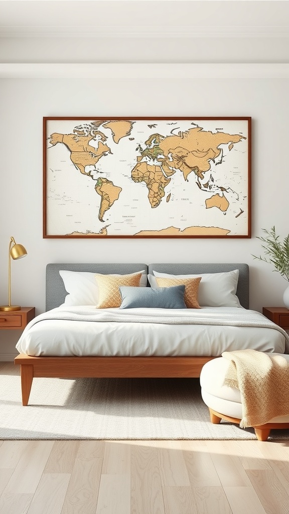 A framed world map hanging above a bed in a cozy bedroom setting.