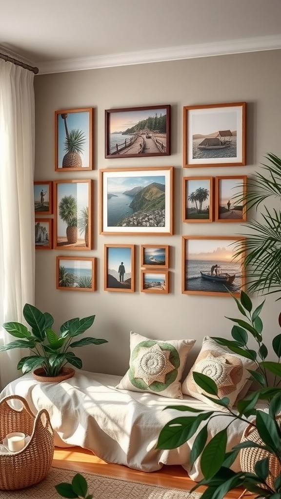A wall displaying a collection of travel photos in various frames, complemented by plants and a cozy seating area.