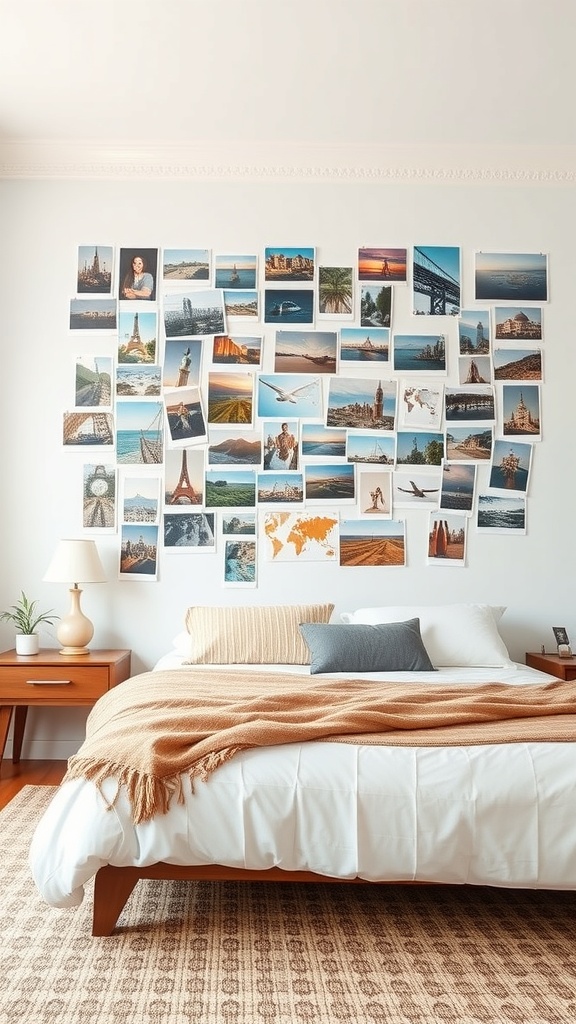 A wall in a bedroom displaying a collage of travel photos, showcasing various landmarks and scenic views.