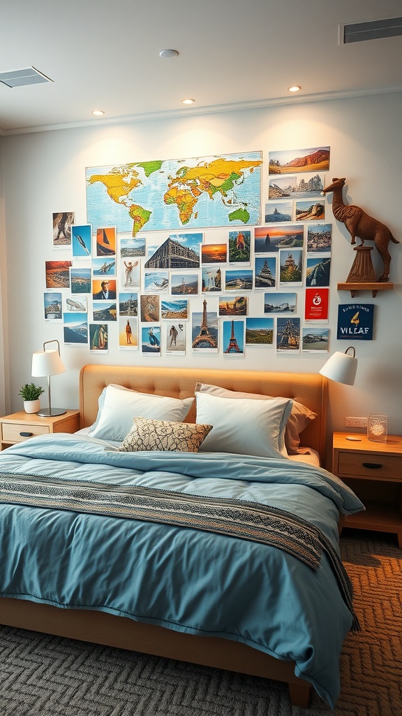 A cozy bedroom with a travel memories wall featuring a world map and various travel photos.
