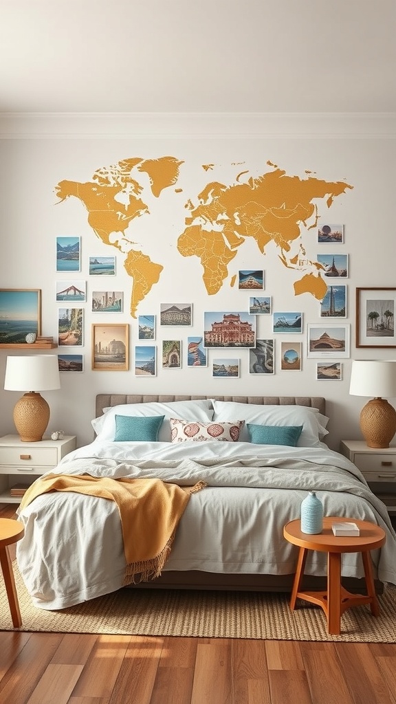 A cozy bedroom featuring a travel memories wall with a world map and framed travel photos.
