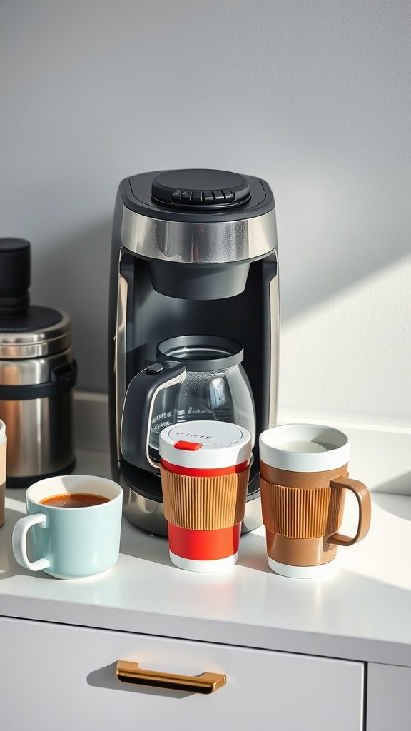 A modern coffee maker with various colorful travel mugs and a classic cup on a kitchen counter.