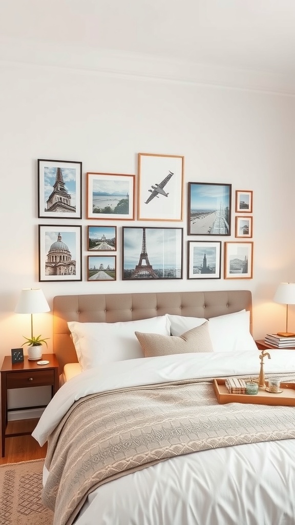 A travel-themed bedroom with a photo gallery featuring iconic landmarks and a cozy bed.