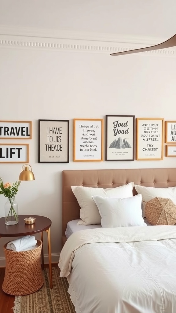 A bedroom wall decorated with travel-themed quote art in various frames, complemented by a cozy bed and stylish decor.