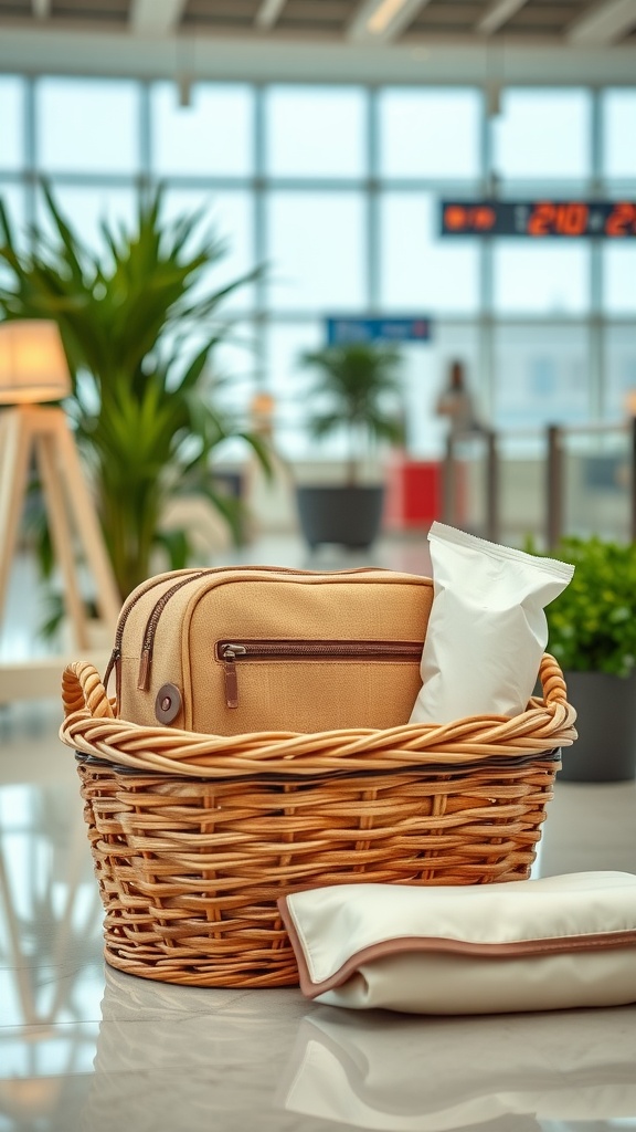 A wicker basket at an airport containing a travel bag and a pillow, symbolizing essentials for traveling with a baby.