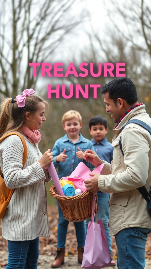 A group of children and adults participating in a treasure hunt outdoors.