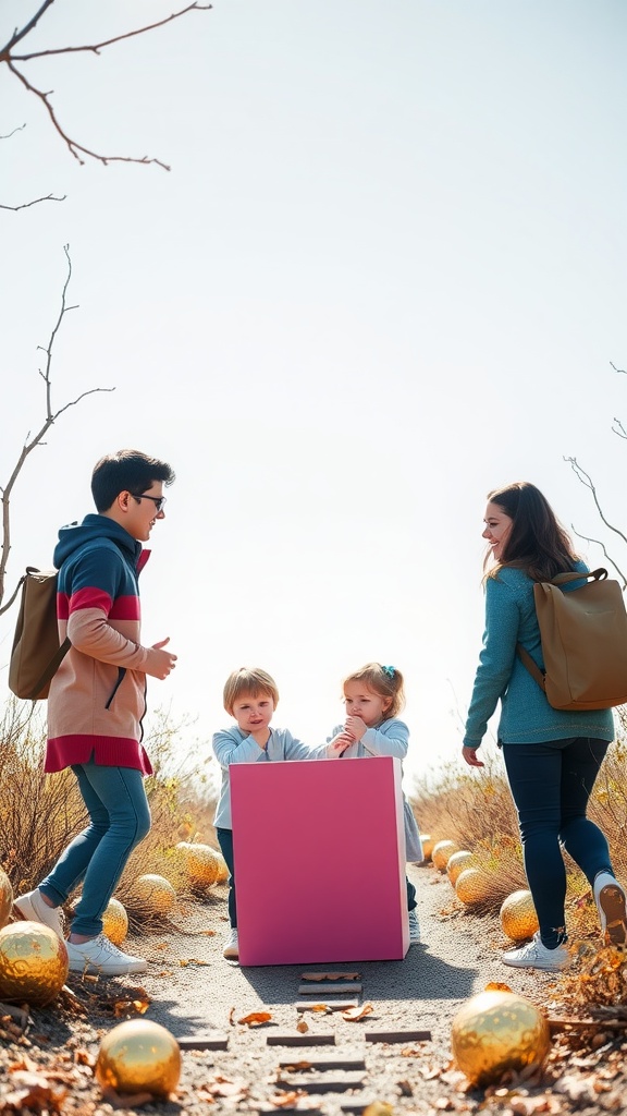 A family participating in a treasure hunt with a large pink box and golden ornaments along a pathway.