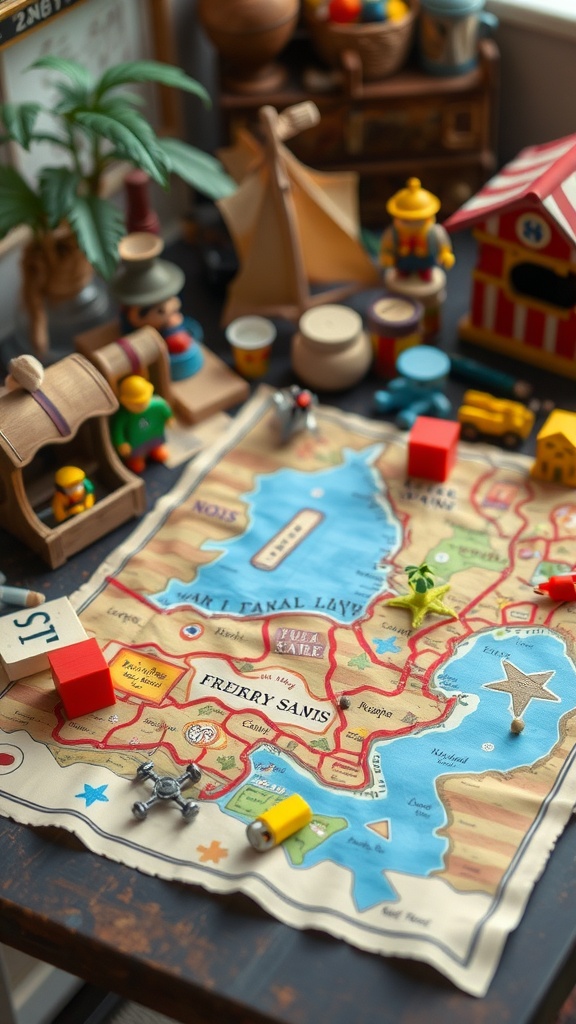 A colorful treasure map with toys and items used for a scavenger hunt.