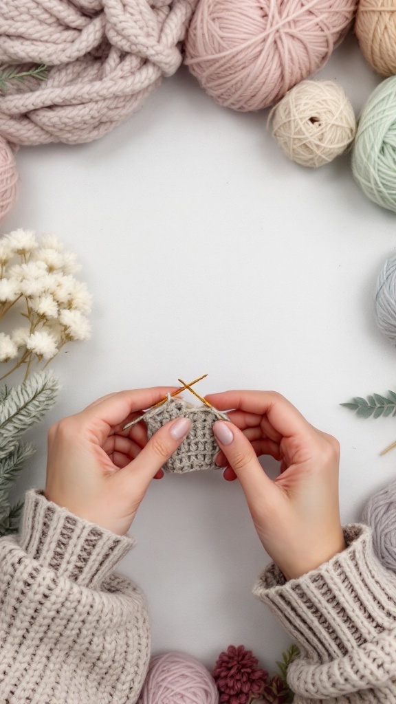 Hands holding a small piece of crochet work with yarn in various colors surrounding them.
