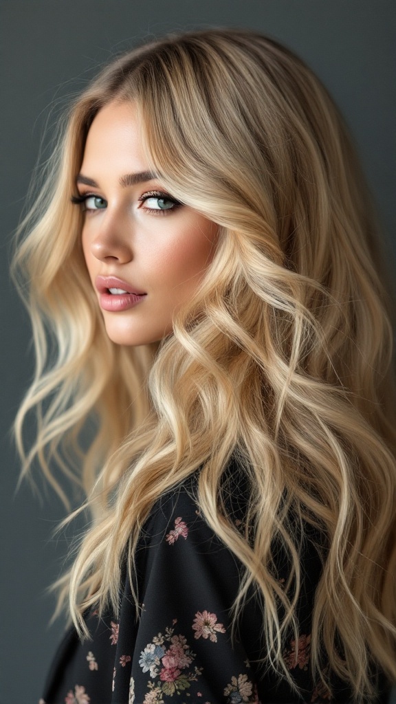 A woman with wavy hair featuring chunky blonde highlights.