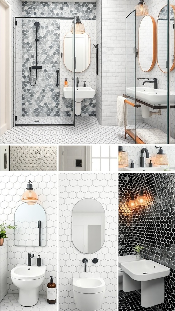 A modern bathroom with black and white penny tile flooring, showcasing a sleek shower and stylish fixtures.