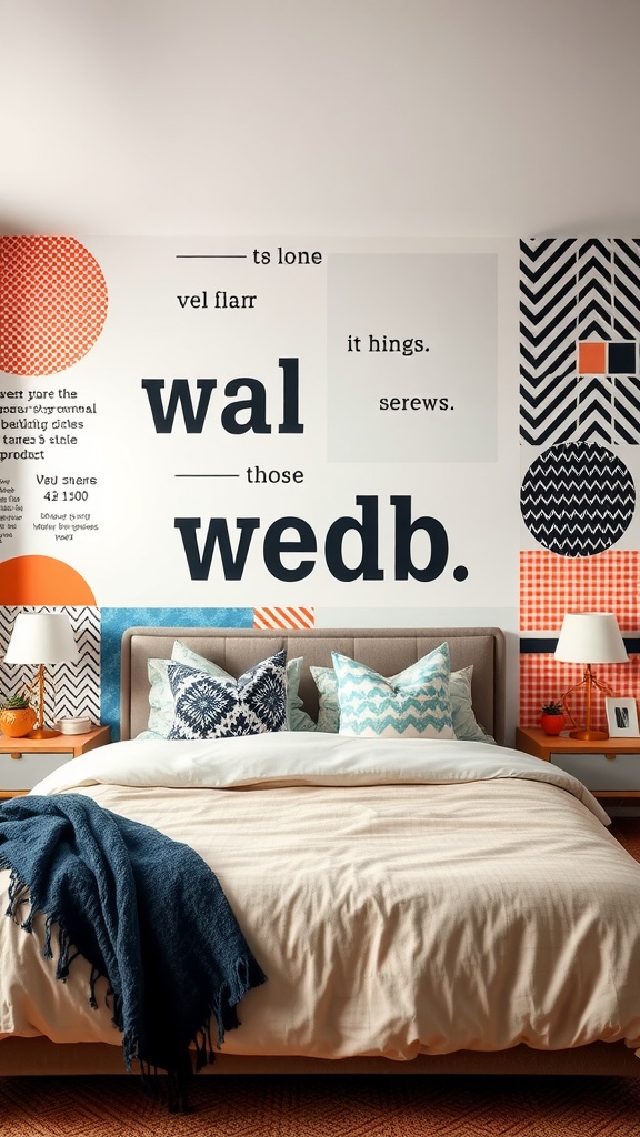 A colorful accent wall in a bedroom featuring bold patterns and typography.