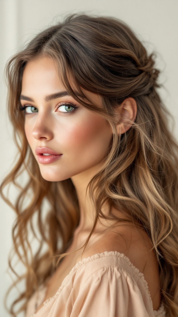 A woman with a half up half down hairstyle featuring soft waves and bangs, showcasing her facial features.