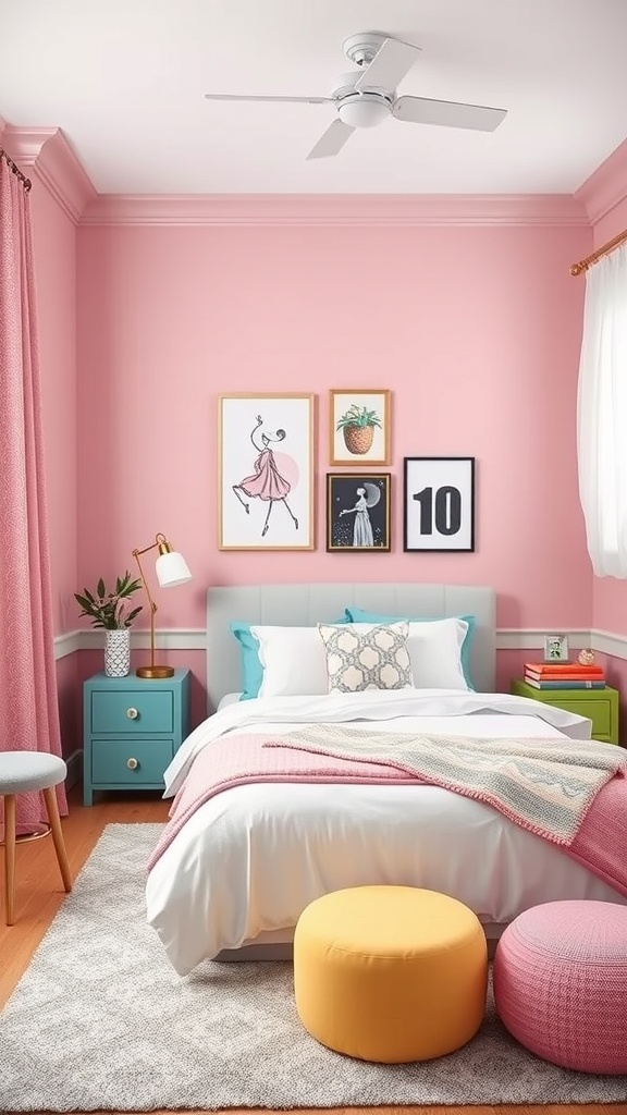 A trendy tween girl's bedroom featuring pink walls, colorful accents, and stylish decor.