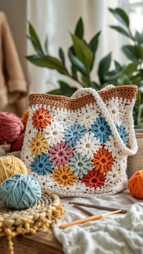 Colorful crochet shoulder bag with hexagon pattern surrounded by yarn and crochet tools