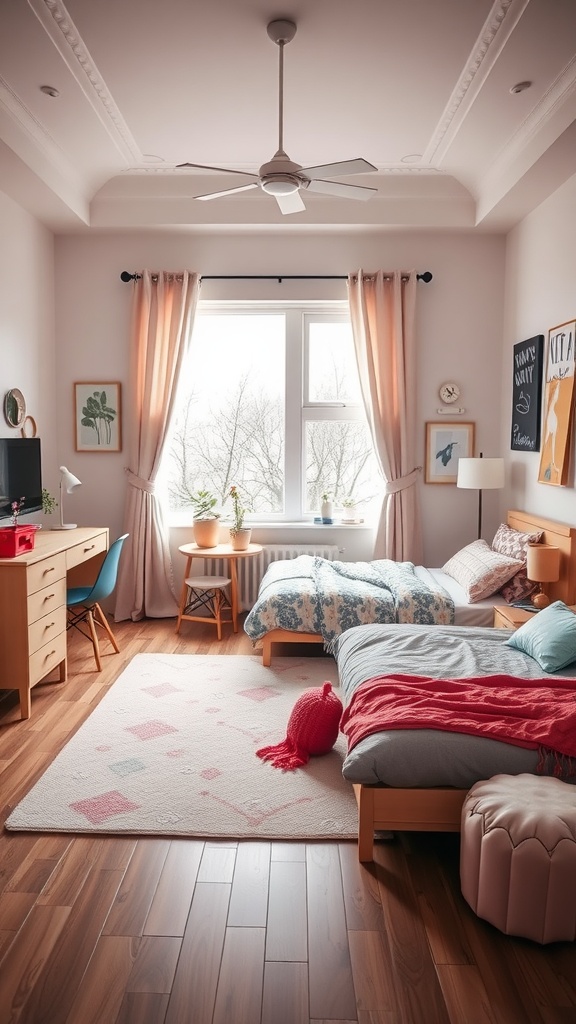 A cozy and stylish tween girl's bedroom featuring two beds, a desk, and vibrant decor.