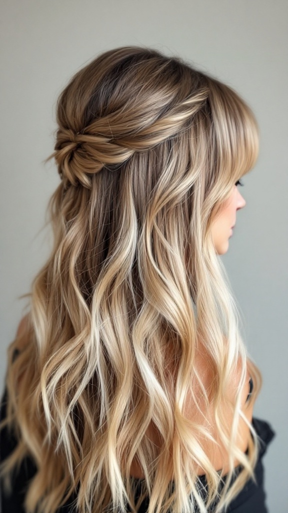 A beautiful half up half down hairstyle with bangs, featuring soft waves cascading down the back.